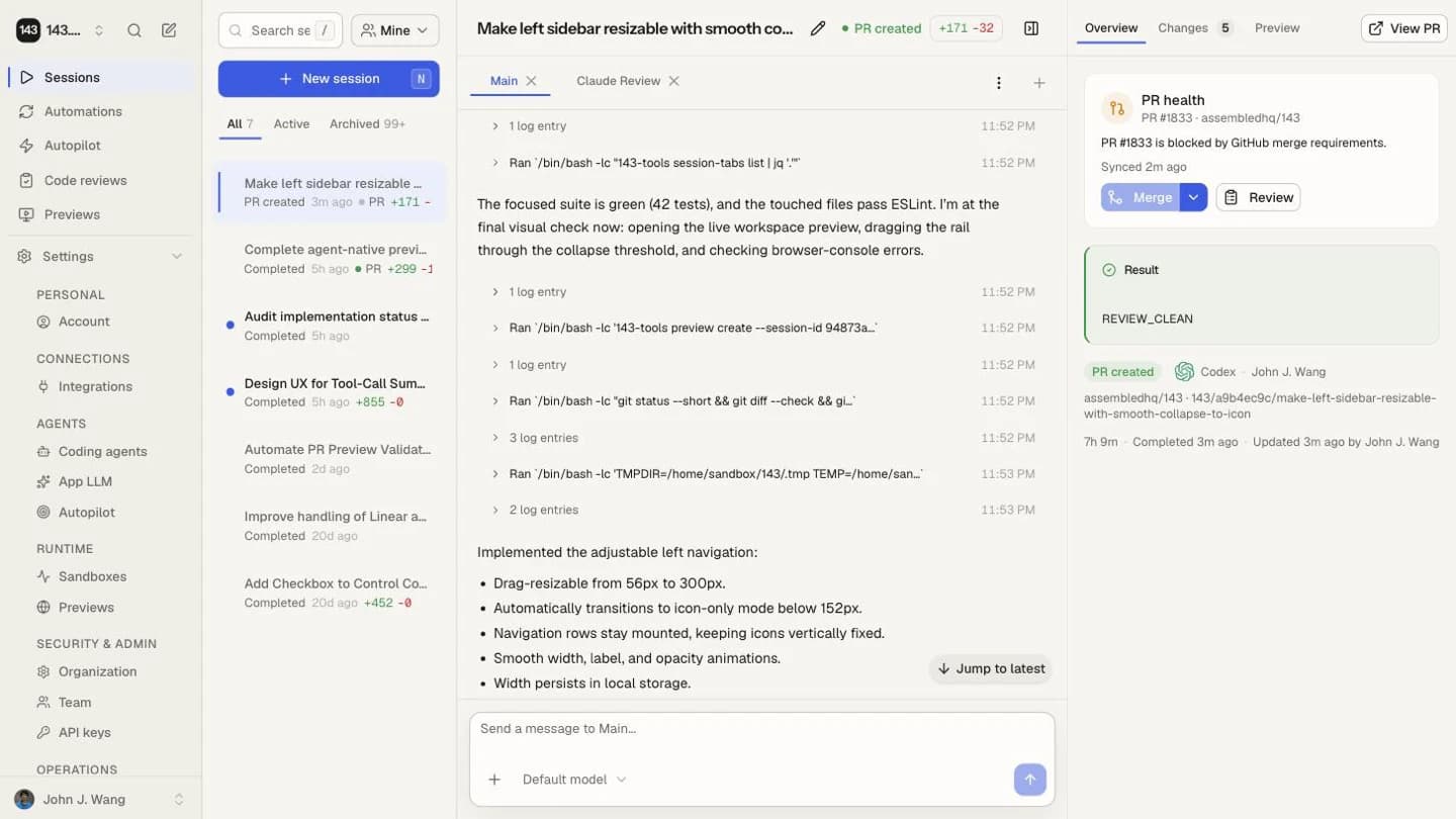 143 session detail showing an agent conversation, PR status, and team-visible context