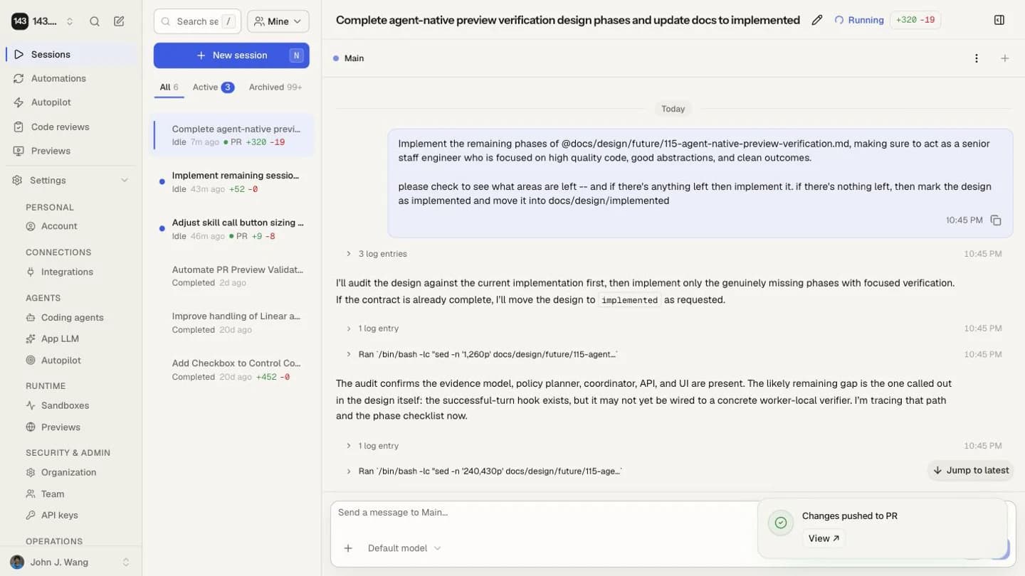 143 Sessions workspace showing every team run with status, PR badges, and diffs alongside an open session